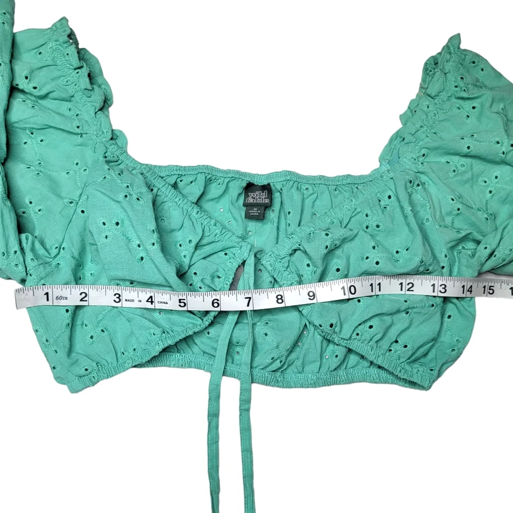 NEW Wild Fable Medium Crop Top Long Sleeve Cotton Teal Green Eyelets
